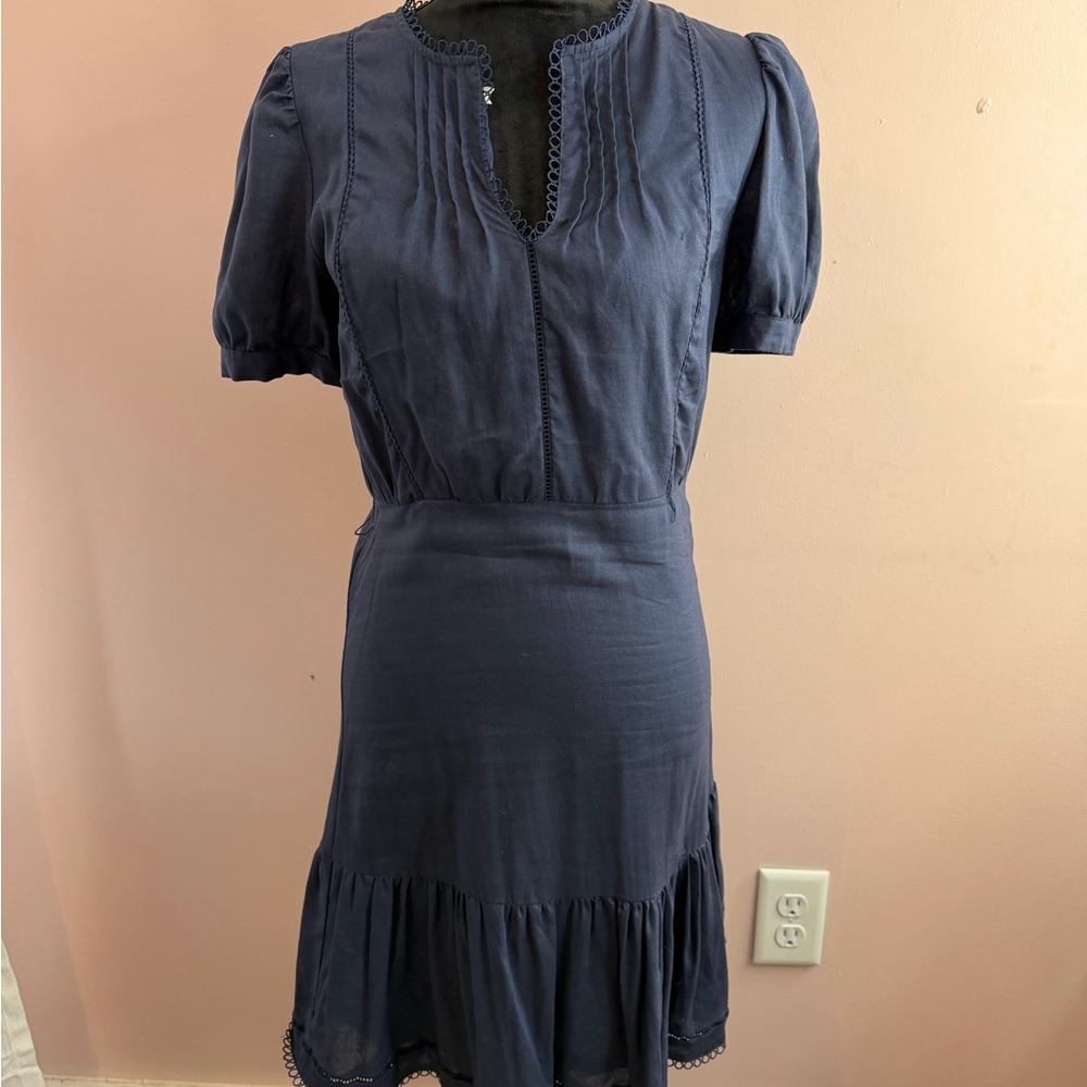 Draper James RSVP Navy Blue Puff Sleeve Ruffle Hem Dress Size Medium